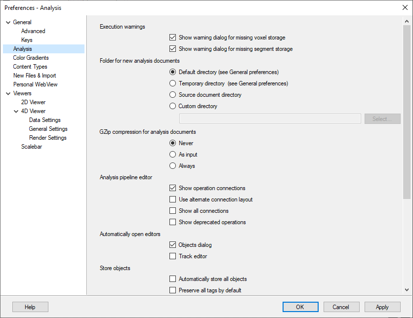 Preferences - Analysis dialog showing options for folder for new analysis documents, GZip compression, and editor checkboxes