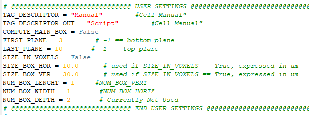 Screenshot of USER SETTINGS code showing FIRST_PLANE = 3, LAST_PLANE = 10, SIZE_IN_VOXELS = False