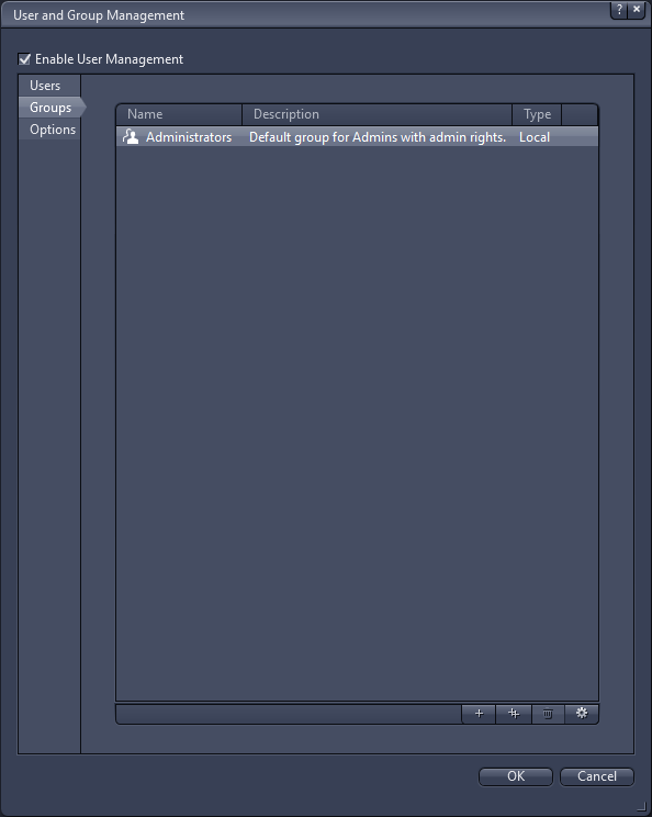 User and Group Management: Enable User Management checked; Administrators — Default group for Admins with admin rights. Local