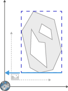 Gray irregular polygon with white interior cutouts inside a dashed blue bounding box next to axes arrows and a globe icon