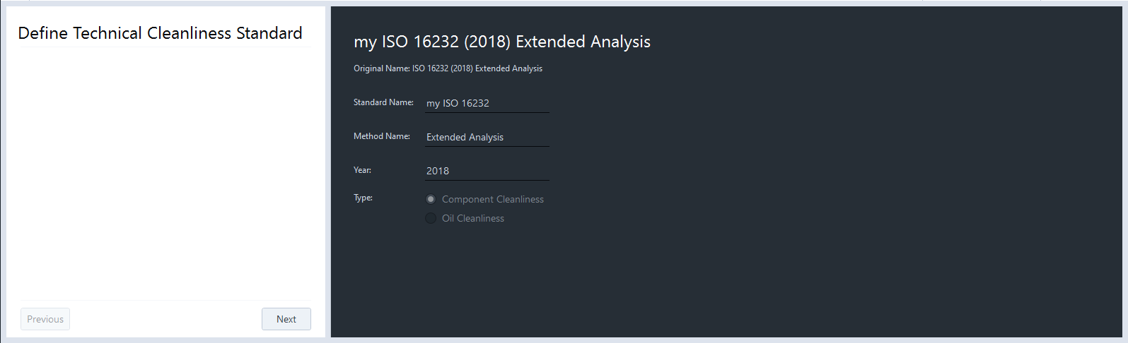 Screen with left 'Define Technical Cleanliness Standard' and right form 'my ISO 16232 (2018) Extended Analysis'