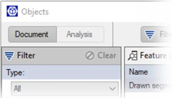 Objects panel with Document and Analysis tabs and a Filter section showing Type: All