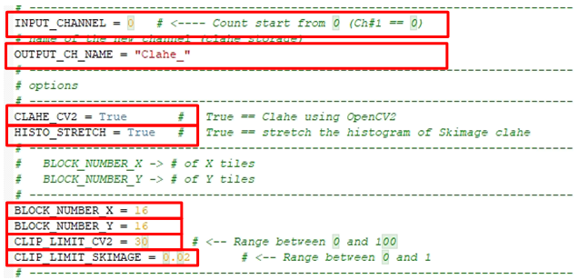Code screenshot of CLAHE options showing INPUT_CHANNEL=0, OUTPUT_CH_NAME='Clahe_', CLAHE_CV2=True, CLIP_LIMIT_CV2=30