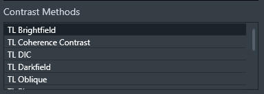 Contrast Methods list showing TL Brightfield, TL Coherence Contrast, TL DIC, TL Darkfield, TL Oblique