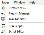 Extras menu dropdown listing Preferences..., Plug-in Manager, Task Monitor, Run Script..., Script Editor