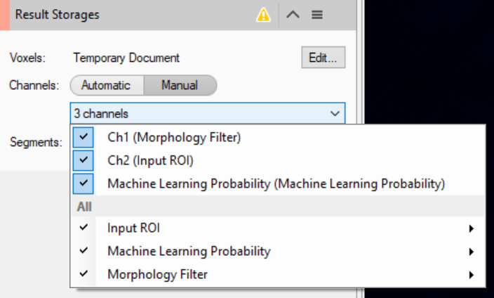 Result Storages panel with 3 channels dropdown listing checked Ch1 (Morphology Filter), Ch2 (Input ROI), and Machine Learning Probability (Machine Learning Probability)