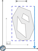 Gray irregular polygon with two white interior shapes inside a dashed blue bounding box, axes and a downward blue arrow