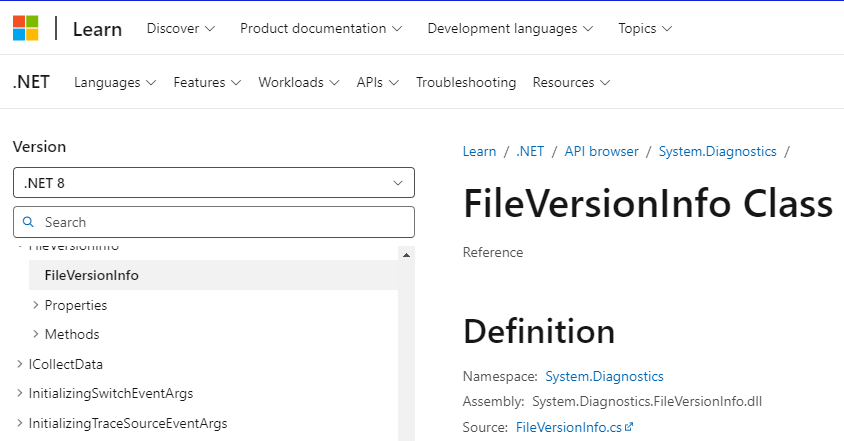 Microsoft Learn page showing FileVersionInfo Class for .NET 8, Assembly System.Diagnostics.FileVersionInfo.dll
