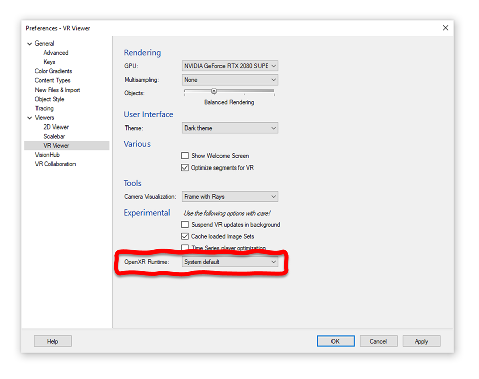Preferences - VR Viewer dialog showing OpenXR Runtime: System default dropdown circled in red