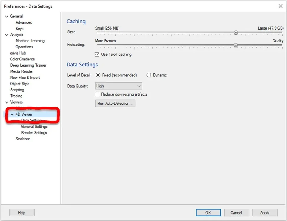 Preferences Data Settings window showing 4D Viewer highlighted in navigation and Run Auto-Detection button