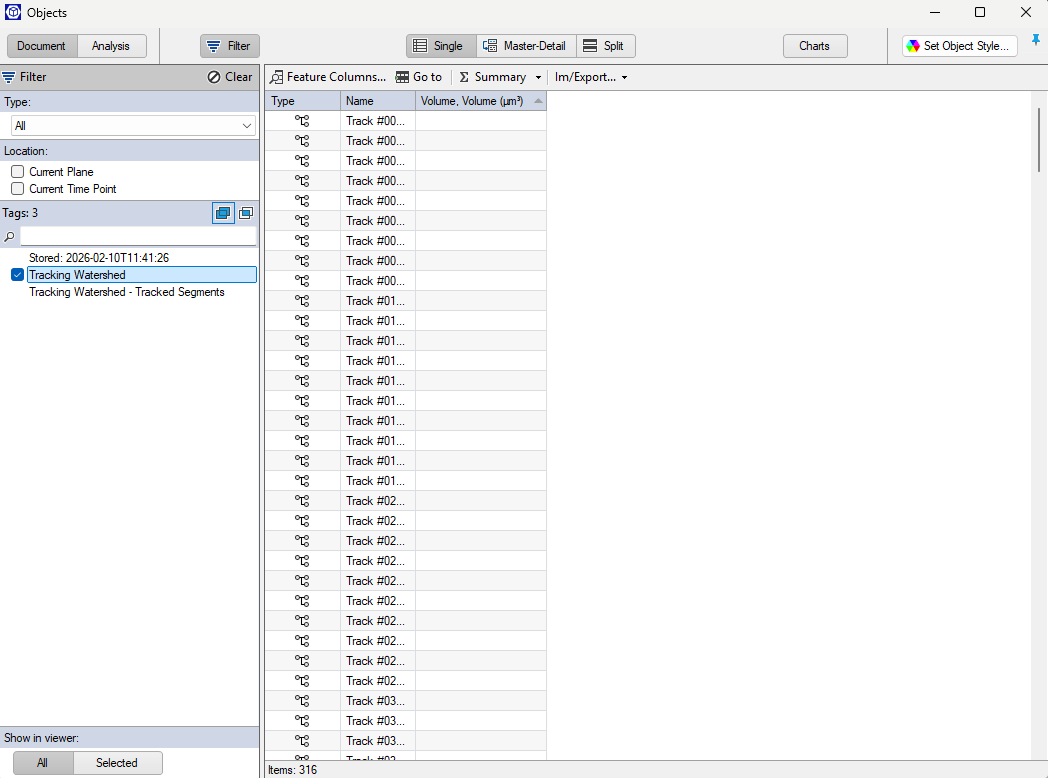 Objects window with 'Tracking Watershed' selected and table of rows labeled 'Track #00...' and headers 'Type','Name','Volume'