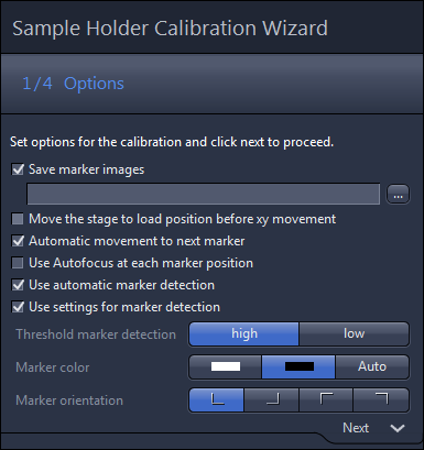 Sample Holder Calibration Wizard showing checked marker options, threshold high, color and orientation controls, Next button