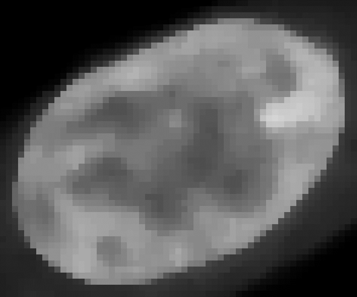 Pixelated grayscale image of a cell nucleus with overlaid numeric intensity values and a blue rectangular selection box