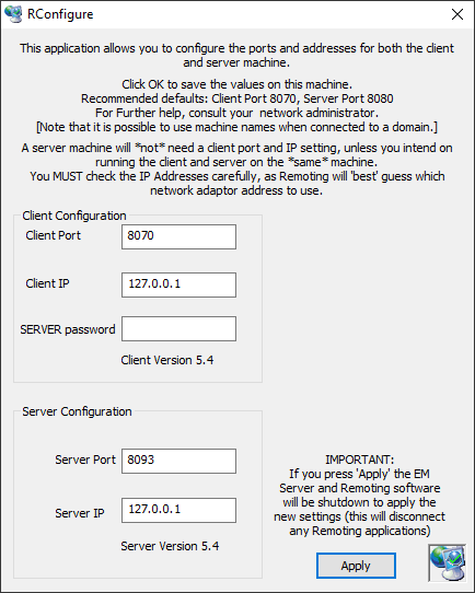 RConfigure dialog showing Client Port 8070, Client IP 127.0.0.1 and Server Port 8093, Server IP 127.0.0.1