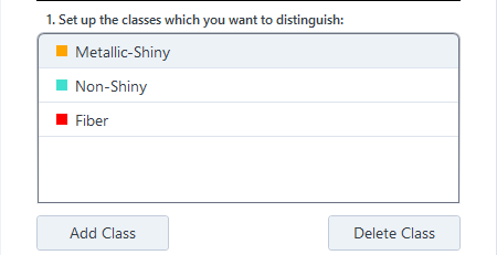 Class list showing Metallic-Shiny, Non-Shiny, Fiber with Add Class and Delete Class buttons