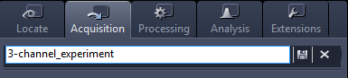 UI tabs with Acquisition selected and text field containing '3-channel_experiment'