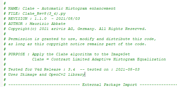Python script header comments showing NAME: Clahe - Automatic Histogram enhancement and FILE: Clahe_Rev5 (3_4).py