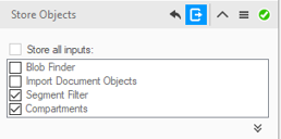 Store Objects dialog with checkboxes for Blob Finder, Import Document Objects, Segment Filter (checked), Compartments (checked)