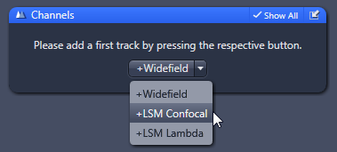 Channels dialog with instruction and an open +Widefield dropdown showing +Widefield, +LSM Confocal (hovered), +LSM Lambda