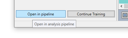 UI showing 'Open in pipeline' button, 'Continue Training' button, and tooltip 'Open in analysis pipeline'.