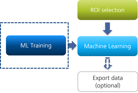ML Training (dashed box) and ROI selection arrows point to Machine Learning, which points to Export data (optional)