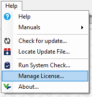 Help menu with 'Manage License...' option highlighted