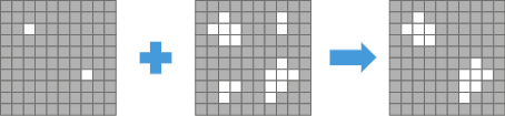 Three gray grids: left small white pixels, center larger white shapes, right shapes filled; blue plus and arrow between.