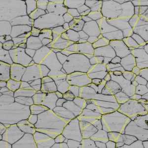 Grayscale micrograph of grains with yellow boundary overlays