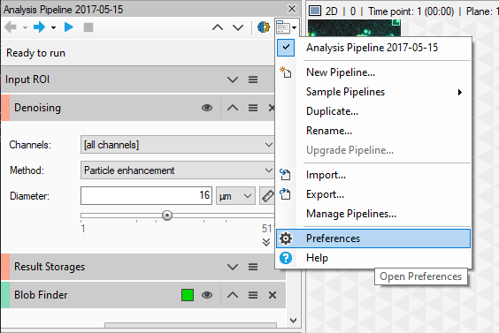 Analysis Pipeline panel showing Denoising (Method: Particle enhancement, Diameter 16 µm) and Preferences menu