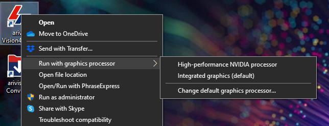 Context menu showing 'Run with graphics processor' and options 'High-performance NVIDIA' and 'Integrated graphics (default)'