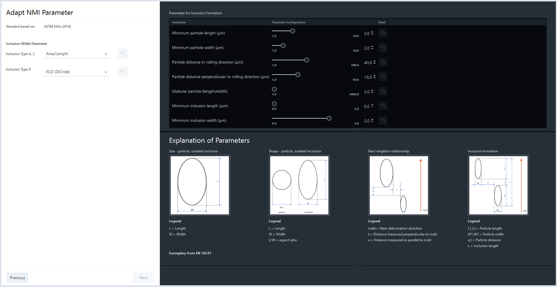 Adapt NMI Parameter panel with Inclusion Width Parameter, Inclusion Formation sliders, and explanation diagrams.