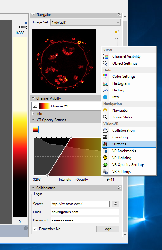 App window with Navigator thumbnail of red circular microscopy image, menu highlighting Surfaces and Collaboration login