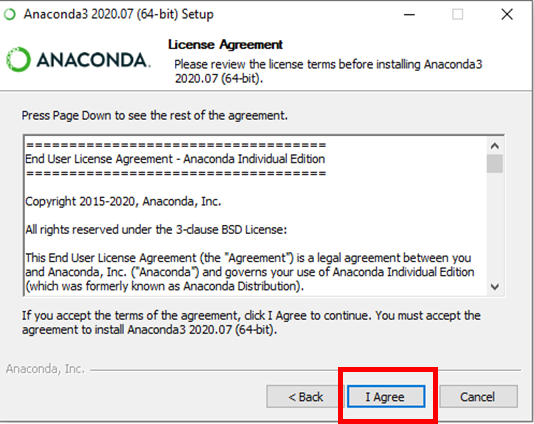 License Agreement window displaying agreement text with I Agree button highlighted