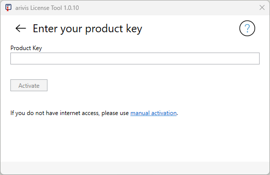 Enter your product key dialog with Product Key input box, Activate button and manual activation link