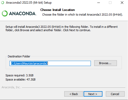 Choose Install Location dialog showing destination C:\Users\Maurizio\anaconda3 and space required 3.5GB available 47.3GB
