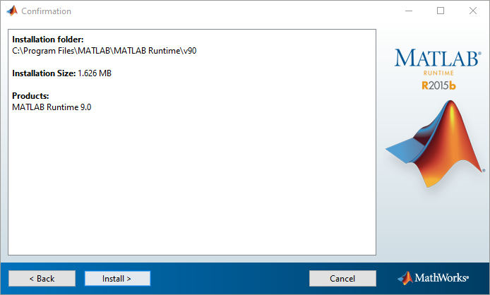 Confirmation dialog listing Installation folder 'C:\Program Files\MATLAB\MATLAB Runtime\v90', size 1.626 MB and product MATLAB Runtime 9.0