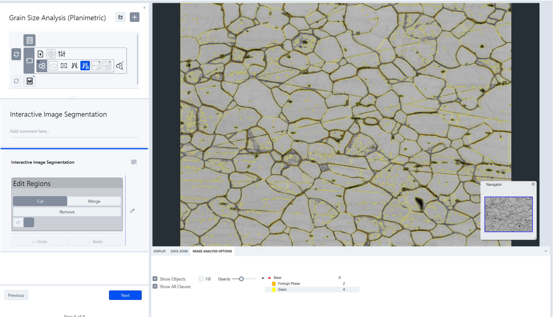 Software interface showing a micrograph of polygonal grains with yellow outlines and 'Interactive Image Segmentation' panel