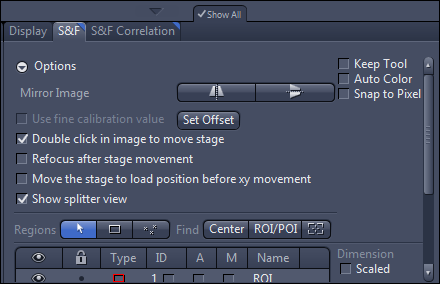 S&F tab Options panel showing 'Double click in image to move stage' and 'Show splitter view' checkboxes.