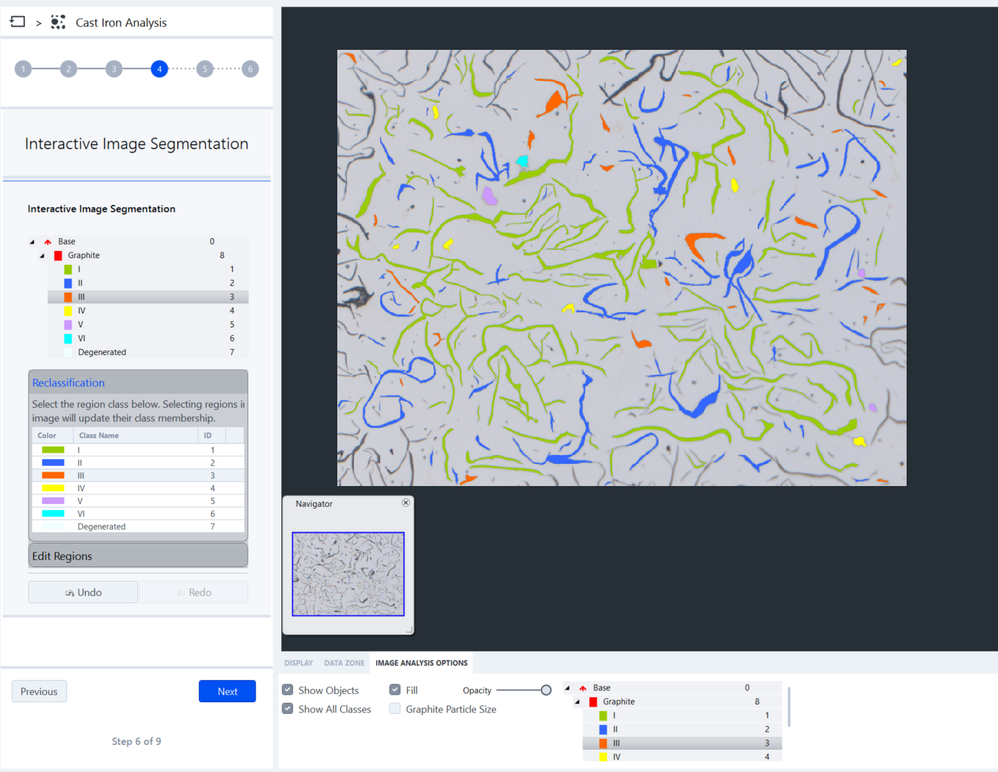 Cast Iron Analysis screenshot showing Interactive Image Segmentation panel and micrograph with color graphite class overlays