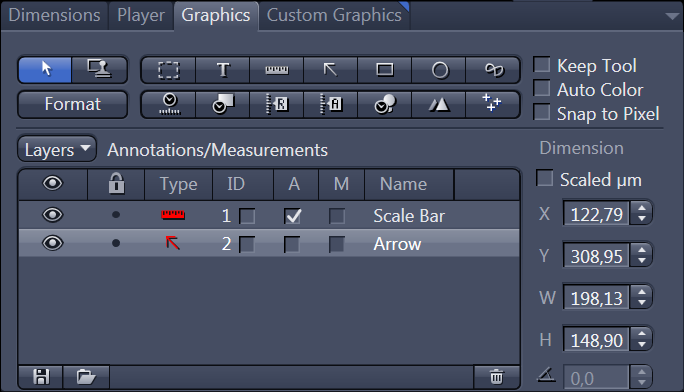 Graphics panel showing Annotations/Measurements list with 'Scale Bar' ID 1 and 'Arrow' ID 2, plus X Y W H dimension fields.