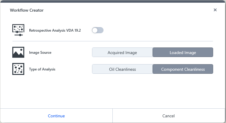 Workflow Creator dialog with Retrospective Analysis VDA 19.2 toggle off; Loaded Image and Component Cleanliness selected