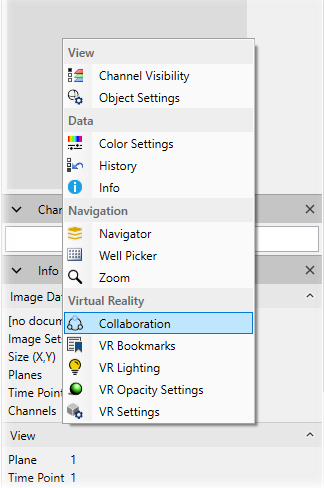 Context menu showing View, Data, Navigation and Virtual Reality sections with 'Collaboration' option highlighted