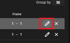 Frame row '1 - 1' with a pencil edit icon highlighted