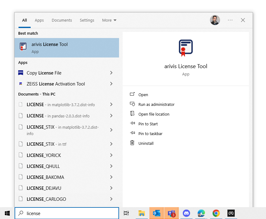 Windows search showing 'arivis License Tool' selected with list of LICENSE documents