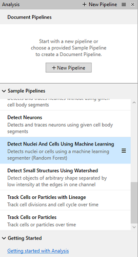 Analysis panel showing Document Pipelines and Detect Nuclei And Cells Using Machine Learning selected