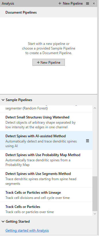 Analysis panel showing Document Pipelines and Sample Pipelines with 'Detect Spines with AI-assisted Method' selected