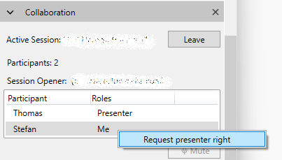 Collaboration panel: Participants: 2; table shows Thomas - Presenter, Stefan - Me; 'Request presenter right' button