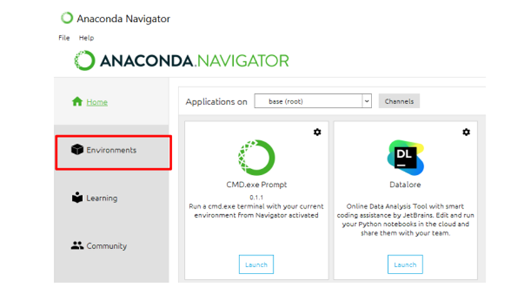 Anaconda Navigator window with Environments highlighted in left sidebar and CMD.exe Prompt and Datalore tiles