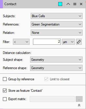 Contact dialog: Subjects 'Blue Cells', References 'Green Segmentation', Filter '< 2 µm', Store as feature checked
