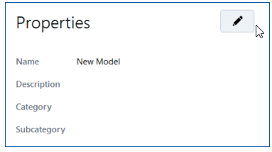 Properties panel with Name 'New Model', Description, Category, Subcategory fields and edit pen icon.